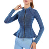 Zip-Front Washed Knit Denim Peplum Jacket