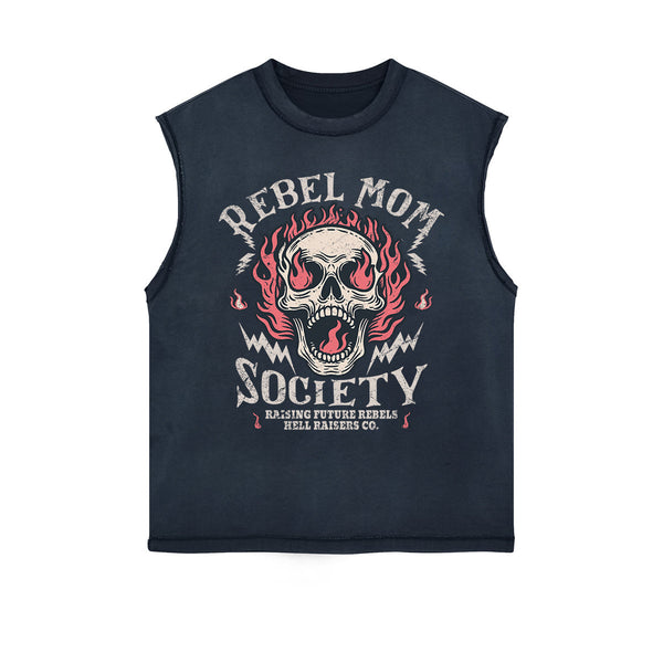 Rebel Mom Society Skull Graphic Sleeveless Faded Tee-INNBLAC
