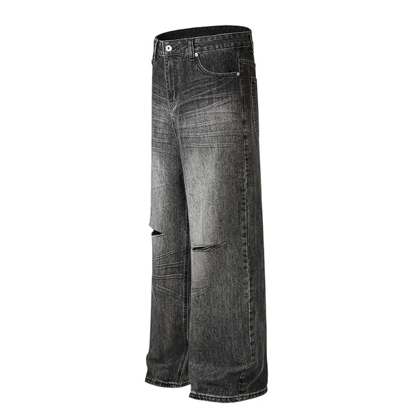 Gradient Fade Knee-Ripped Baggy Jeans