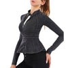 Zip-Front Washed Knit Denim Peplum Jacket