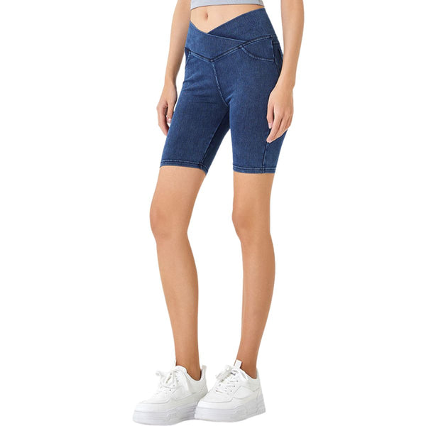 Crossover Waist Washed Stretchy Knit Denim Shorts