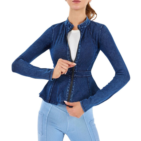 Zip-Front Washed Knit Denim Peplum Jacket