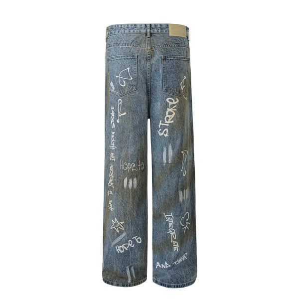Graffiti Print Washed Wide-Leg Jeans