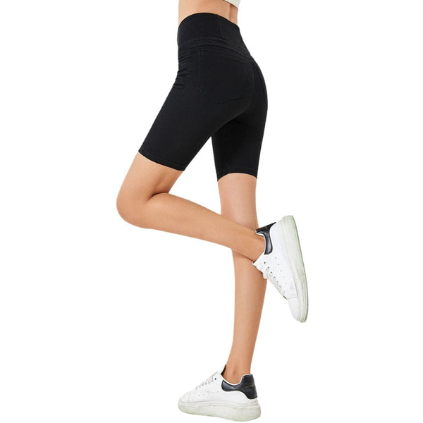 Crossover Waist Washed Stretchy Knit Denim Shorts