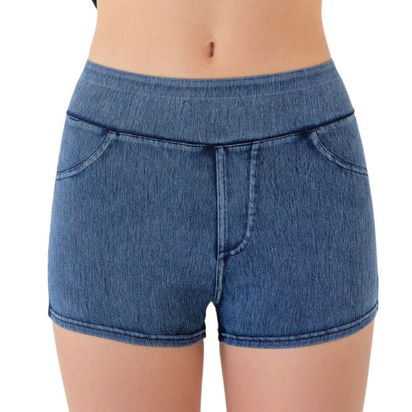 Mid-Waisted Washed Knit Denim Shorts