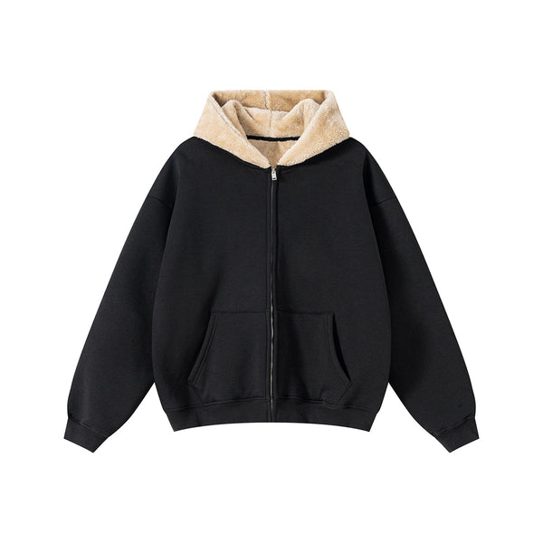 Zip-Up Loose Fit Plush-Lined Hoodie