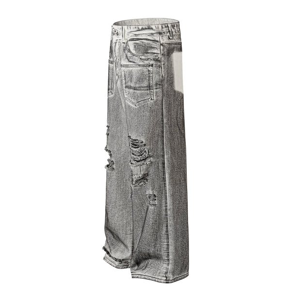 Acid Wash Destroyed Wide-Leg Jeans