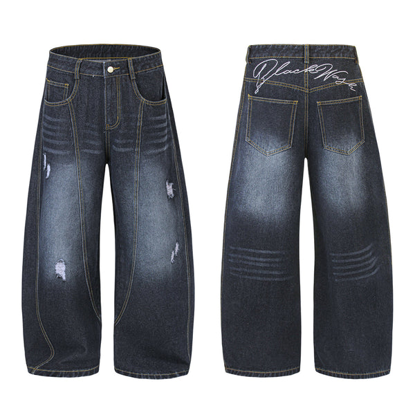 Dark Wash Embroidered Barrel-Leg Jeans