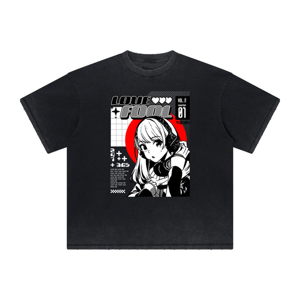 Faded Distressed Anime Pattern Tee