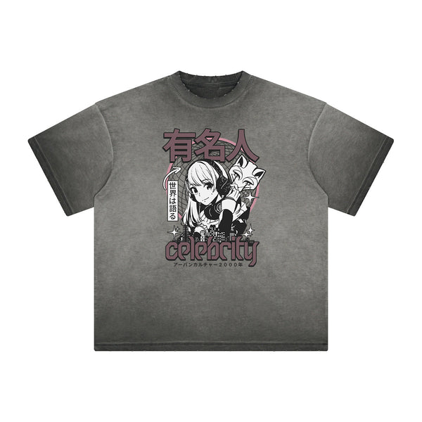 Distressed Y2K Anime Streetwear Pattern Tee