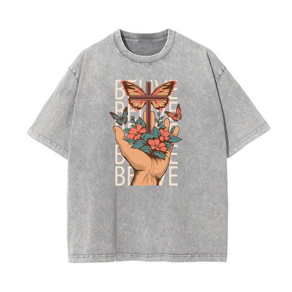 Faded Thick Butterfly Pattern T Shirt