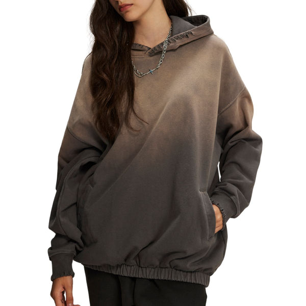Women's Acid Wash Elastic Hem Hoodie-INNBLAC