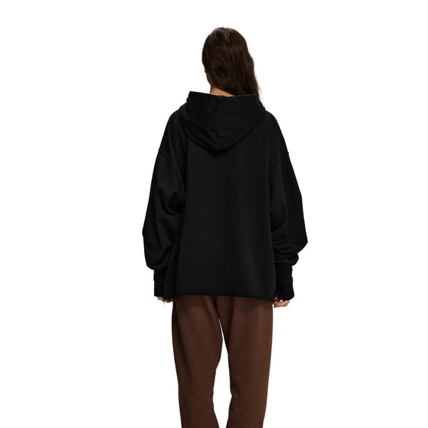 Women's Raw Edge Hem Thumb Holes Hoodie-INNBLAC