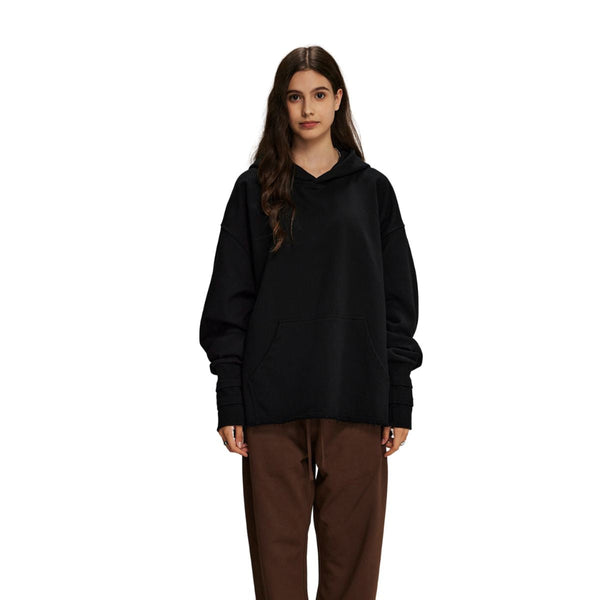 Women's Raw Edge Hem Thumb Holes Hoodie-INNBLAC