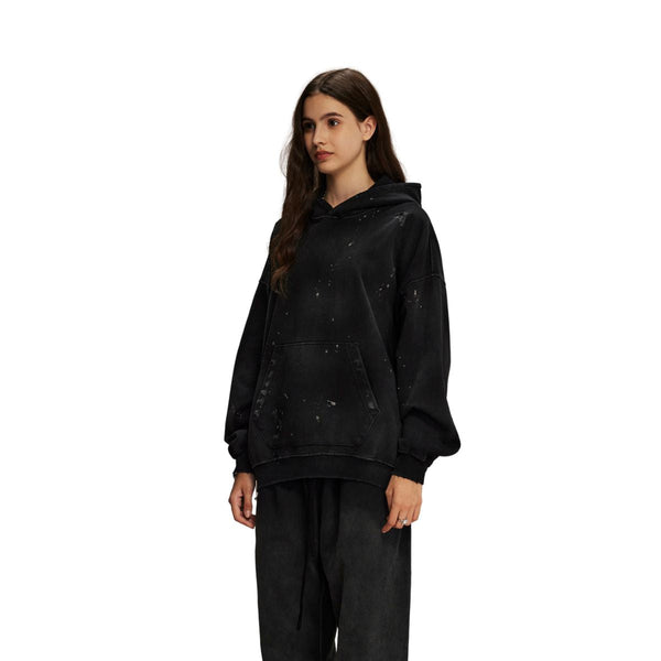 Women's Acid Wash Faded Ripped Hoodie-INNBLAC