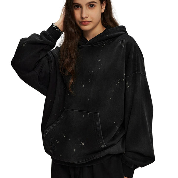 Women's Acid Wash Faded Ripped Hoodie-INNBLAC