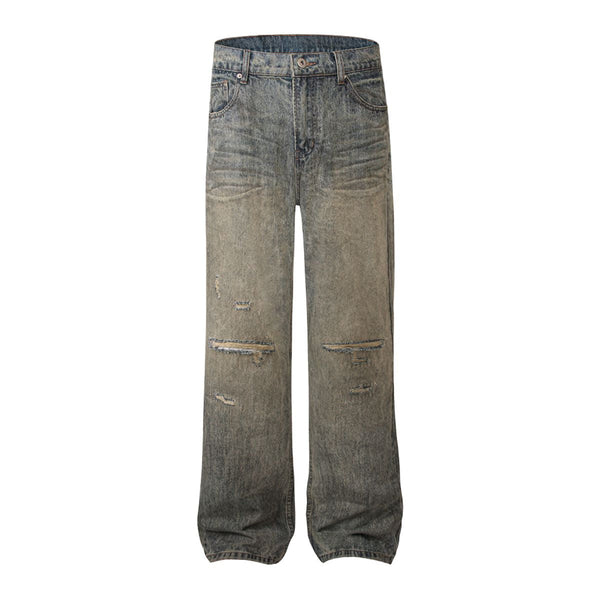 Mud Blue Distressed Wide-Leg Jeans
