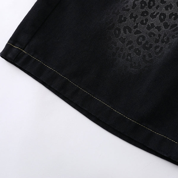 Black Leopard Print Denim Bermuda Shorts