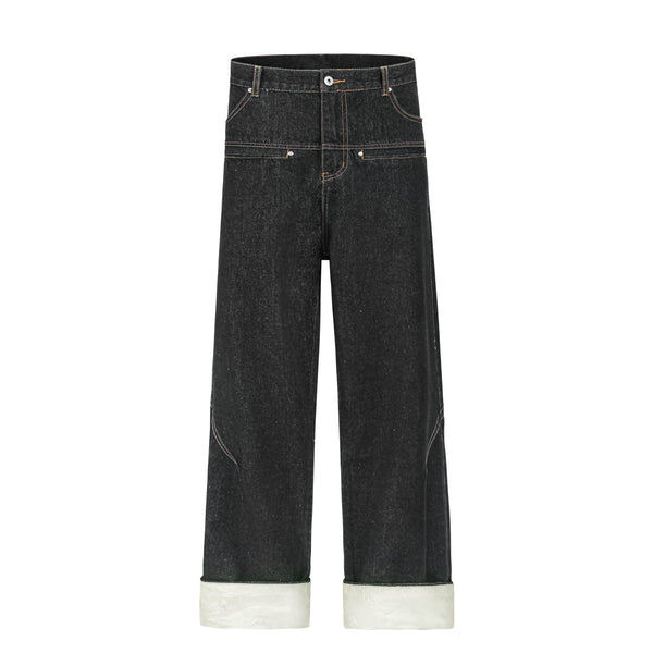 Cuffable Hem Contrast Patch Denim Pants