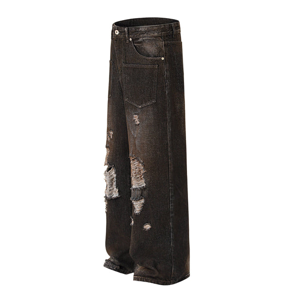 Acid Wash Destroyed Wide-Leg Jeans