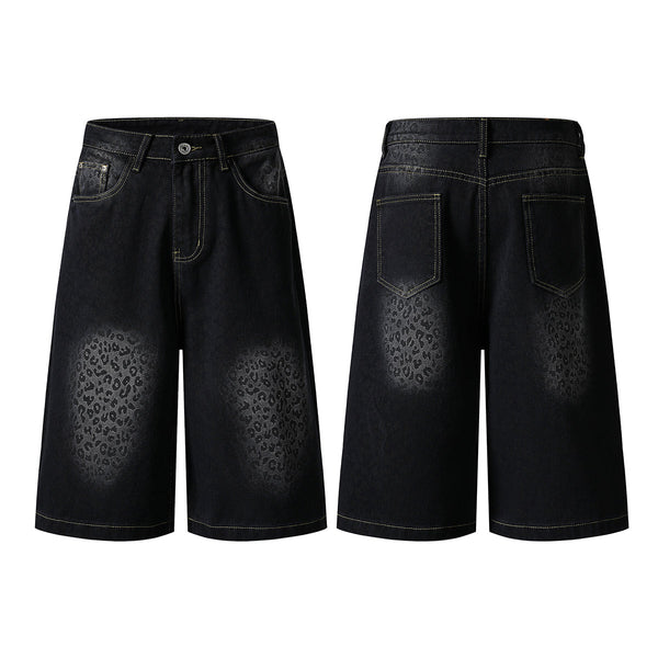 Black Leopard Print Denim Bermuda Shorts