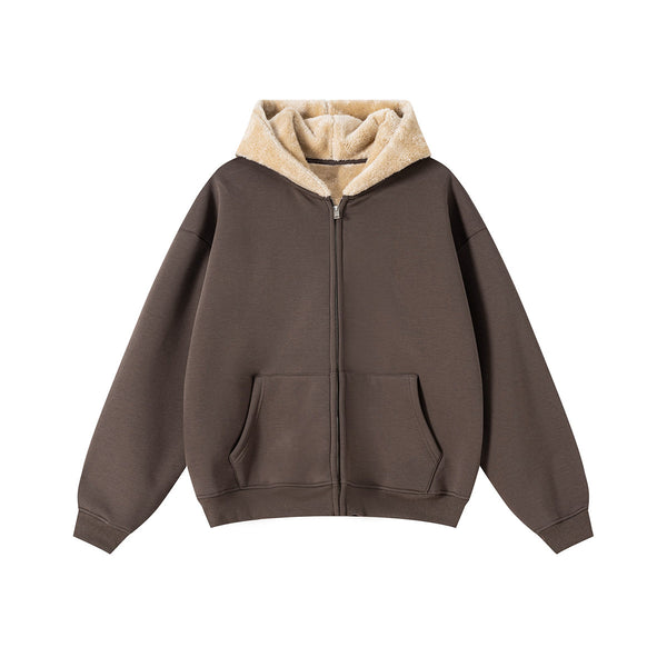 Zip-Up Loose Fit Plush-Lined Hoodie