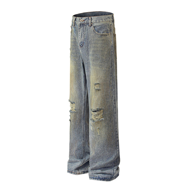 Blue Wash Distressed Ripped Wide-Leg Jeans