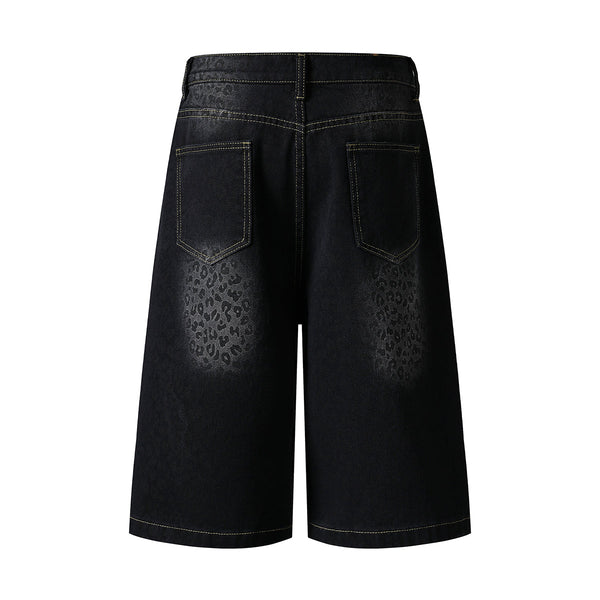 Black Leopard Print Denim Bermuda Shorts