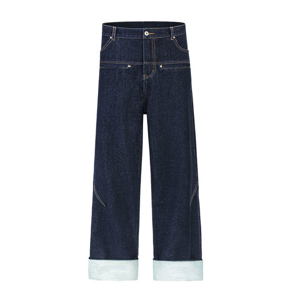 Cuffable Hem Contrast Patch Denim Pants