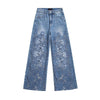 Raw Hem Floral Lace-Cut Jeans with Rhinestones