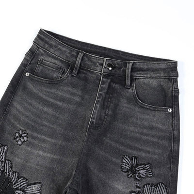 Sequined & Beaded Floral Embroidery Tapered Ankle Jeans