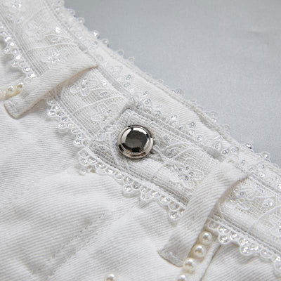 Pearl-embellished Embroidered Butterfly Denim Shorts