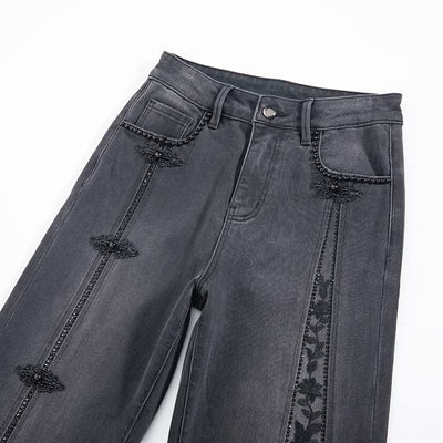 Pearl-Frog Embroidered Wide-Leg Jeans