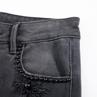 Pearl-Frog Embroidered Wide-Leg Jeans