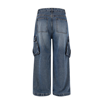 High Waisted Cargo Denim Pants Oversized Pockets Vintage Wash