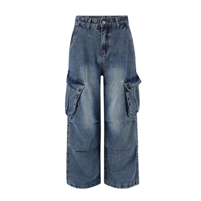 High Waisted Cargo Denim Pants Oversized Pockets Vintage Wash