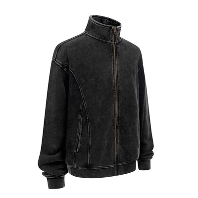 Stand Collar Panel Detail Washed Zip Up Sweatshirt