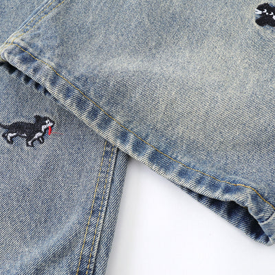 Washed Faded Dog-Embroidered Barrel-Leg Jeans