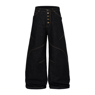 Wide Leg High Waisted Dark Denim Jeans Button Detail