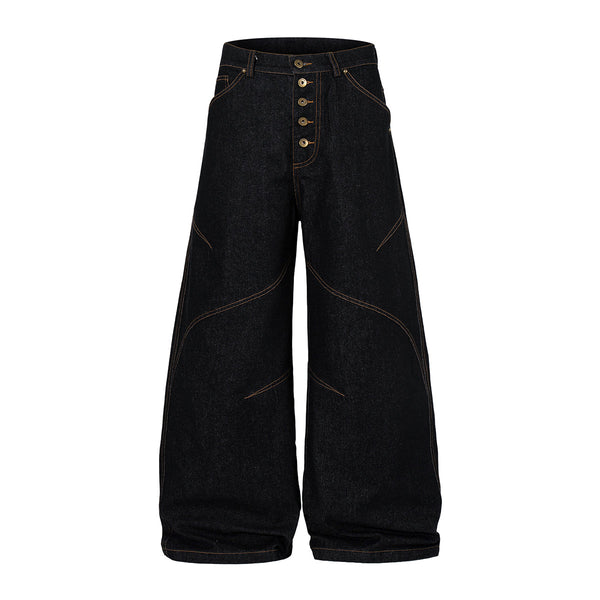 Wide Leg High Waisted Dark Denim Jeans Button Detail