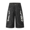 Flame Print Black Wide Leg Denim Shorts