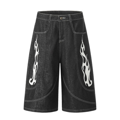 Flame Print Black Wide Leg Denim Shorts