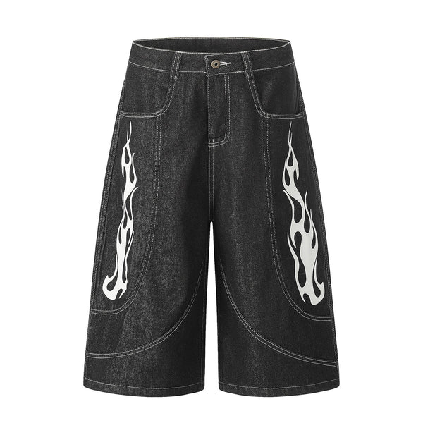 Flame Print Black Wide Leg Denim Shorts