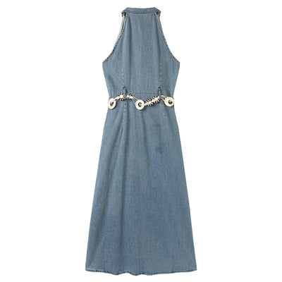 Button-Front Sleeveless Denim Belted Shirt Dress