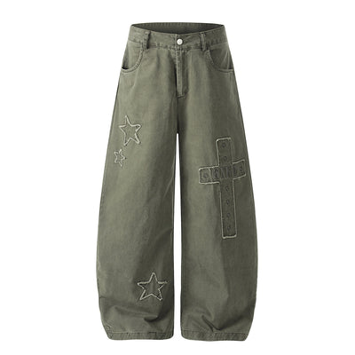 Olive Wide Leg Pants Star Cross Embroidery Details