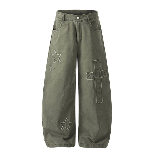 Olive Wide Leg Pants Star Cross Embroidery Details