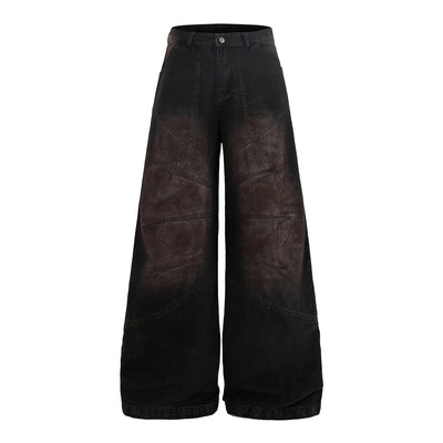 Artistic Brown Fade Geometric Stitching Black Denim Wide Leg Jeans
