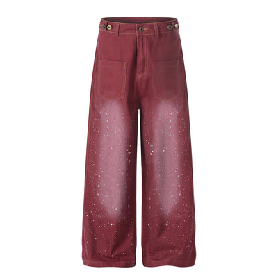 Rhinestone Star Print Vintage Washed Wide Leg Pants