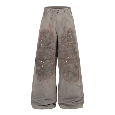 Paint Splatter Detail Wide Leg Jeans Geometric Stitching