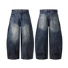 Faded Wash Panel Stitching Barrel-Leg Jeans